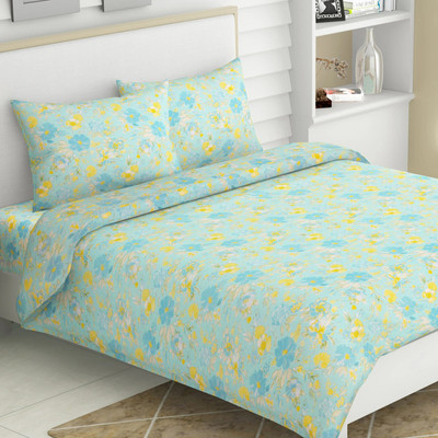 haus & kinder Cotton King Flat 120 TC Printed Bedsheet(Pack of 1, Blue, Yellow)