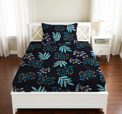 Vishal international Cotton Single Flat 220 TC Striped Bedsheet(Pack of 1, Navy Blue Aqua Leaf)