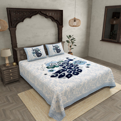 JAIPUR FABRIC Cotton Double Flat 180 TC Printed Bedsheet(Pack of 1, Blue)