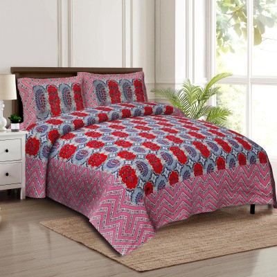 CLOTHOLOGY 240 TC Cotton King Jaipuri Prints Flat Bedsheet(Pack of 1, Red, Blue)