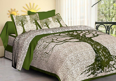 WAR TRADE 140 TC Cotton Double Jaipuri Prints Flat Bedsheet(Pack of 1, Green)