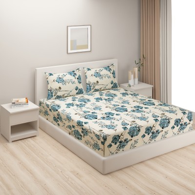 SWAYAM 180 TC Cotton Double Printed Flat Bedsheet(Pack of 1, Beige & Blue)