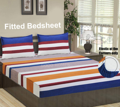 Good Homes 144 TC Microfiber Double Striped Fitted (Elastic) Bedsheet(Pack of 1, Multicolor)