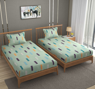 BROMWICK 280 TC Cotton Single 3D Printed Flat Bedsheet(Pack of 2, Light Green)