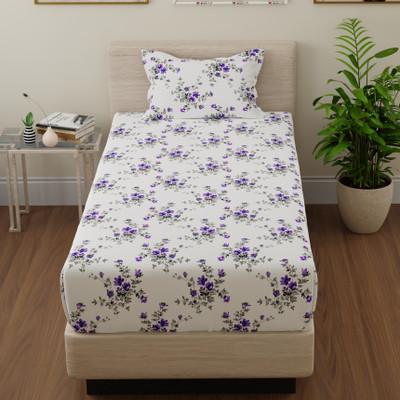 Huesland Cotton Single Flat 144 TC Floral Bedsheet(Pack of 1, White and Purple)