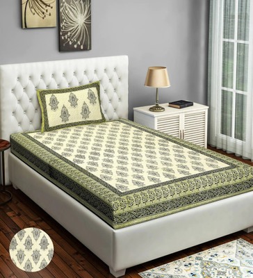 E ELMA 250 TC Cotton Single Jaipuri Prints Flat Bedsheet(Pack of 1, Green)