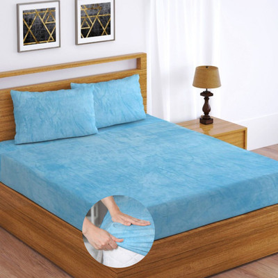Apala Woolen Double, King Fitted (Elastic) 350 TC Solid Bedsheet(Pack of 1, Aqua)