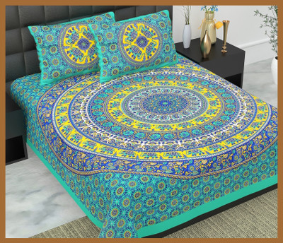 JAIPUR PRINTS Cotton Double Flat 210 TC Jaipuri Prints Bedsheet(Pack of 1, Sea green)