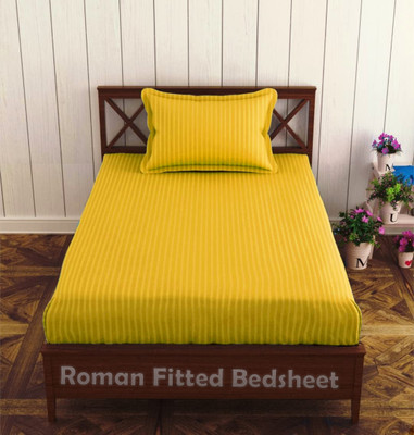 roman 300 TC Cotton Single Striped Fitted (Elastic) Bedsheet(Pack of 1, Yellow)