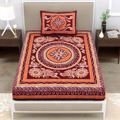 Kksh Cotton Single Flat 144 TC Jaipuri Prints Bedsheet(Pack of 1, Maroon)