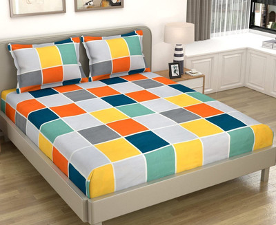 Kawi Polycotton Double Fitted (Elastic) 200 TC Geometric Bedsheet(Pack of 1, Lemon)