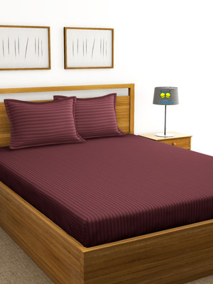 Houseofowlet Cotton Double Flat 210 TC Striped Bedsheet(Pack of 1, Maroon)
