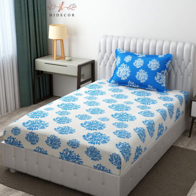 HIDECOR 280 TC Microfiber Single Floral Flat Bedsheet(Pack of 1, White & Blue)