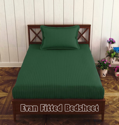 roman Cotton Single Fitted (Elastic) 300 TC Striped Bedsheet(Pack of 1, Green)