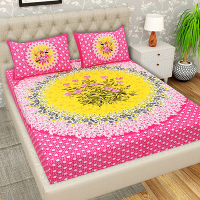 Cosito Cotton Double Flat 144 TC Jaipuri Prints Bedsheet(Pack of 1, Pink)
