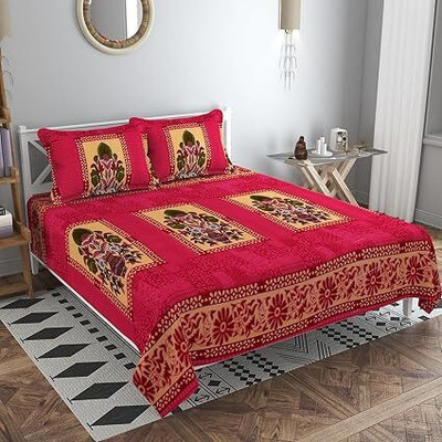 Rajasthani Traditional Cotton Double Flat 300 TC Striped Bedsheet(Pack of 1, Red)