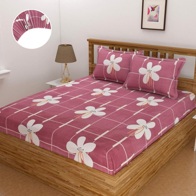 Mahadev Trading 300 TC Microfiber Double Floral Fitted (Elastic) Bedsheet(Pack of 1, Light Wine)