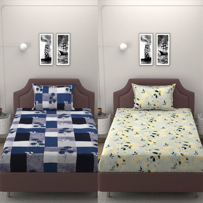 BROMWICK 144 TC Microfiber Single Abstract Flat Bedsheet(Pack of 2, Green Yellow)