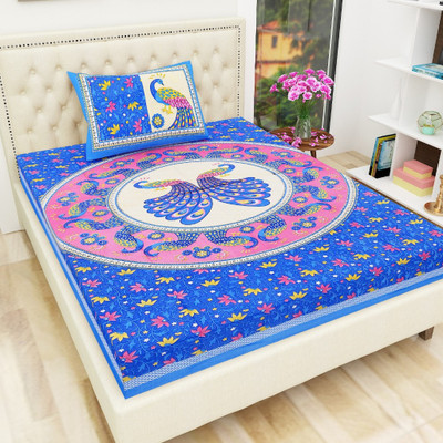 KAANY FAB 104 TC Cotton Double Jaipuri Prints Flat Bedsheet(Pack of 1, Blue)