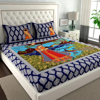CLOTHOLOGY Cotton Double Flat 144 TC Jaipuri Prints Bedsheet(Pack of 1, Blue, Sky Blue, Red, Green)