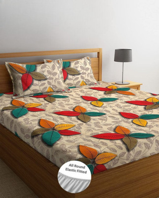 ABC Cotton Double Fitted (Elastic) 200 TC Printed Bedsheet(Pack of 1, Multicolor)