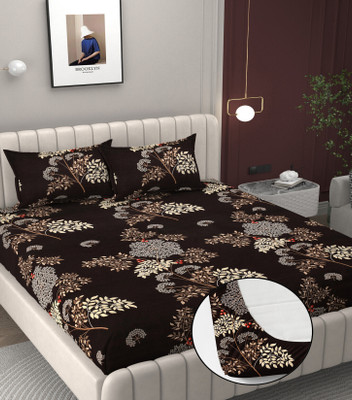 BROMWICK 200 TC Microfiber Double 3D Printed Fitted (Elastic) Bedsheet(Pack of 1, Coffee)