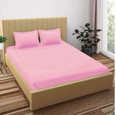 DD Enterprises Cotton Queen Flat 210 TC Striped Bedsheet(Pack of 1, Pink)