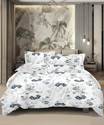 HONOR YOUR HOME Cotton Double Flat 186 TC Printed Bedsheet(Pack of 1, White, Blue)