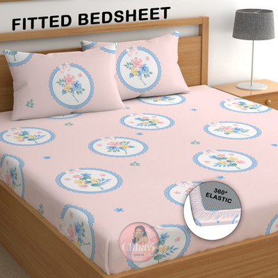 CHHAVI INDIA 210 TC Microfiber Double Printed Fitted (Elastic) Bedsheet(Pack of 1, Pink & Blue)