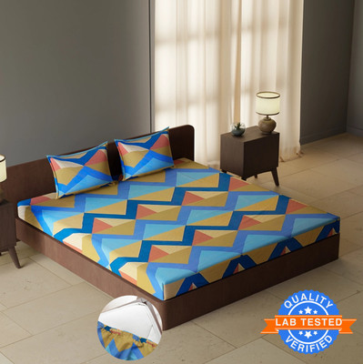CARLTON LONDON 144 TC Polyester Double Striped Fitted (Elastic) Bedsheet(Pack of 1, Beige Blue)