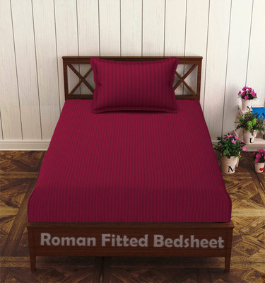 EVAN 300 TC Cotton Single Striped Fitted (Elastic) Bedsheet(Pack of 1, Maroon)