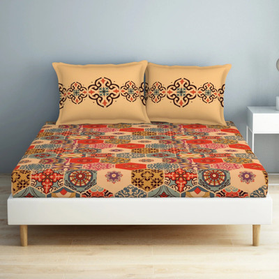 SPACES 132 TC Cotton Double Geometric Flat Bedsheet(Pack of 1, CREAMPUFF)