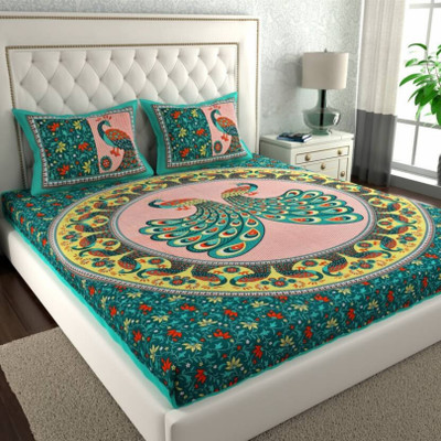 COZYKO Cotton Double Flat 144 TC Floral Bedsheet(Pack of 1, Green)