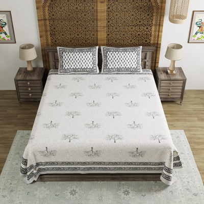 Blocks Of India Cotton King Flat 200 TC Paisley Bedsheet(Pack of 1, Grey, White)