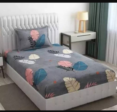 New Town Cotton Single Fitted (Elastic) 230 TC Floral Bedsheet(Pack of 1, White)