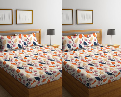 Fashion String 144 TC Microfiber Double Printed Flat Bedsheet(Pack of 2, Design 1:Orange)