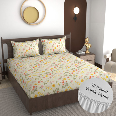 Saarvi creation Cotton, Polycotton, Microfiber Double Fitted (Elastic) 300 TC Printed Bedsheet(Pack of 1, Black)