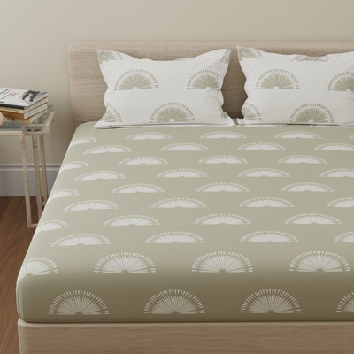 Huesland Cotton King Flat 144 TC Printed Bedsheet(Pack of 1, Basil Green & White)
