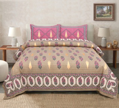 FABBON INDIA 400 TC Cotton King Jaipuri Prints Flat Bedsheet(Pack of 1, Pink, Brown)