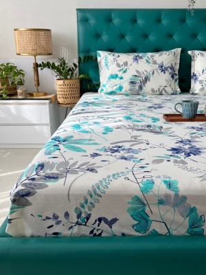Urban Space 200 TC Cotton Single Floral Flat Bedsheet(Pack of 1, Floral Feast Turquoise Blue)