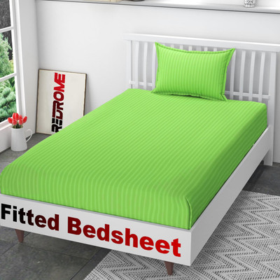 REDROME Cotton Single Fitted (Elastic) 300 TC Striped Bedsheet(Pack of 1, Light Green)