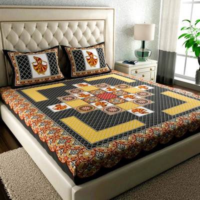 BharatLinen 144 TC Cotton Double Jaipuri Prints Flat Bedsheet(Pack of 1, Grey)