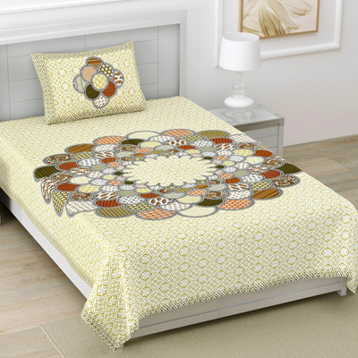 BharatLinen Cotton Single Flat 144 TC Jaipuri Prints Bedsheet(Pack of 1, Beige, Olive, Orange, Green)