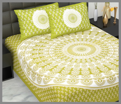 JAIPUR PRINTS Cotton Double Flat 144 TC Jaipuri Prints Bedsheet(Pack of 1, Green)