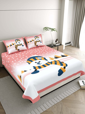 Loomweft Cotton King Flat 300 TC Printed Bedsheet(Pack of 1, Snowman Red)