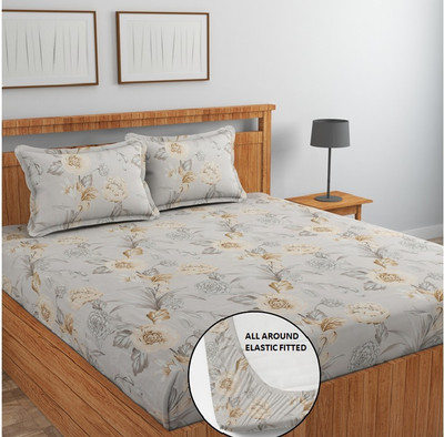 AMEYAA 320 TC Cotton Double Printed Fitted (Elastic) Bedsheet(Pack of 1, Beige Flower)