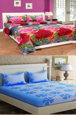 HSR Collection Cotton Double Flat 210 TC Floral Bedsheet(Pack of 2, Red)