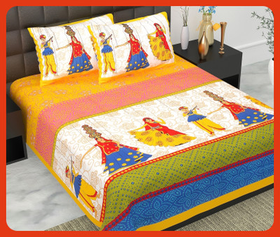 JAIPUR PRINTS Cotton Double Flat 240 TC Jaipuri Prints Bedsheet(Pack of 1, Yellow)