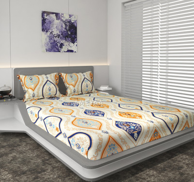 AMEYAA 240 TC Cotton Double Printed Fitted (Elastic) Bedsheet(Pack of 1, Cream Damask)