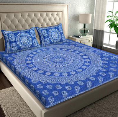 JAIPUR FASHION Cotton Double Flat 144 TC Floral Bedsheet(Pack of 1, Blue)